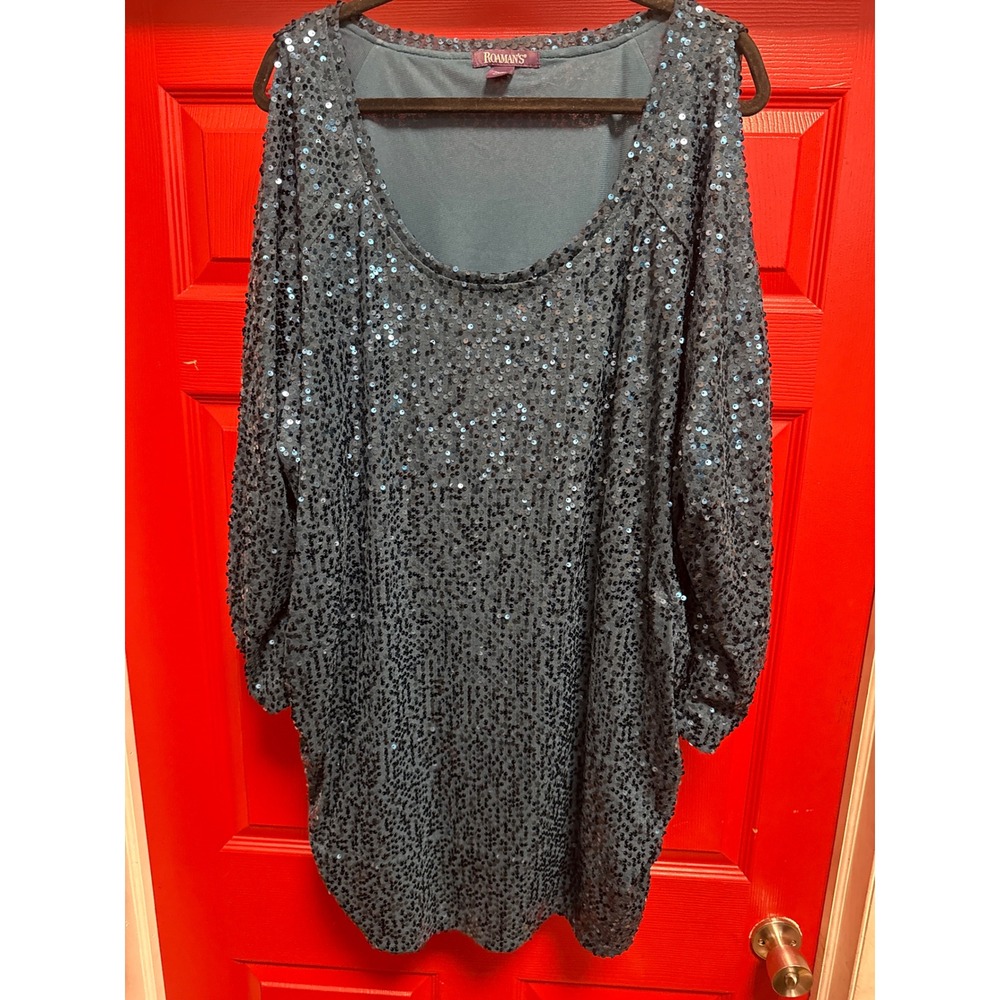 Roamans Plus Size 26/28 2X Sequin Tunic Top Cold Shoulder Teal Blue Sparkle